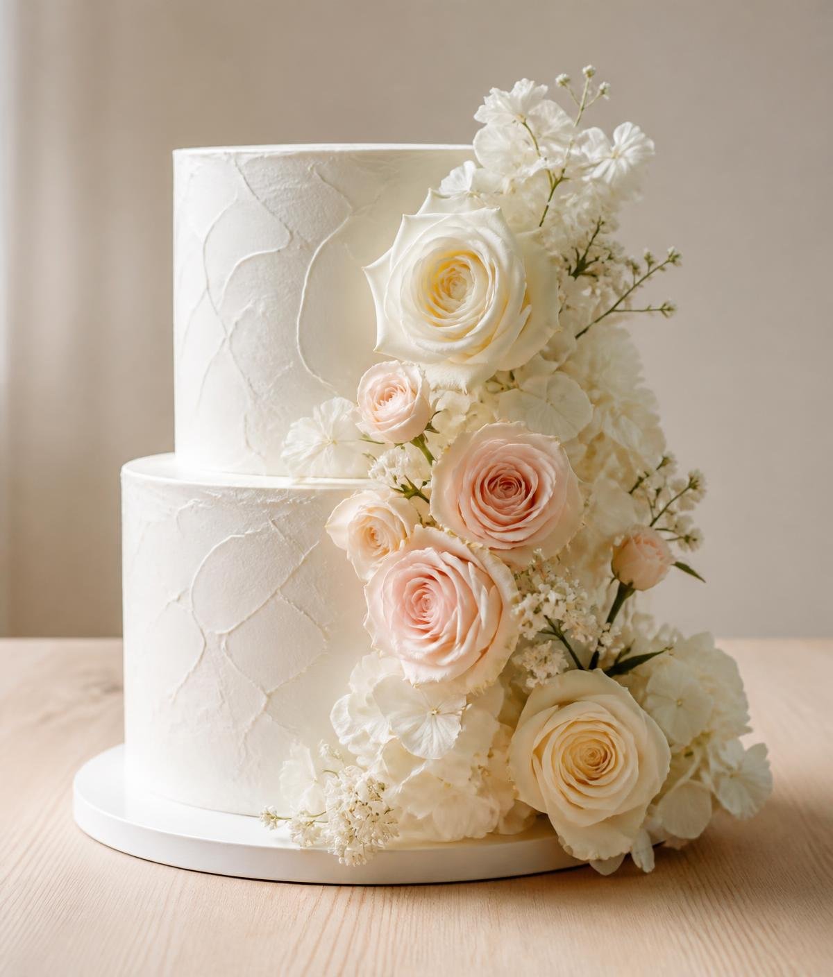 Bolo de casamento de dois andares com buttercream texturizado e cascata de flores brancas e blush