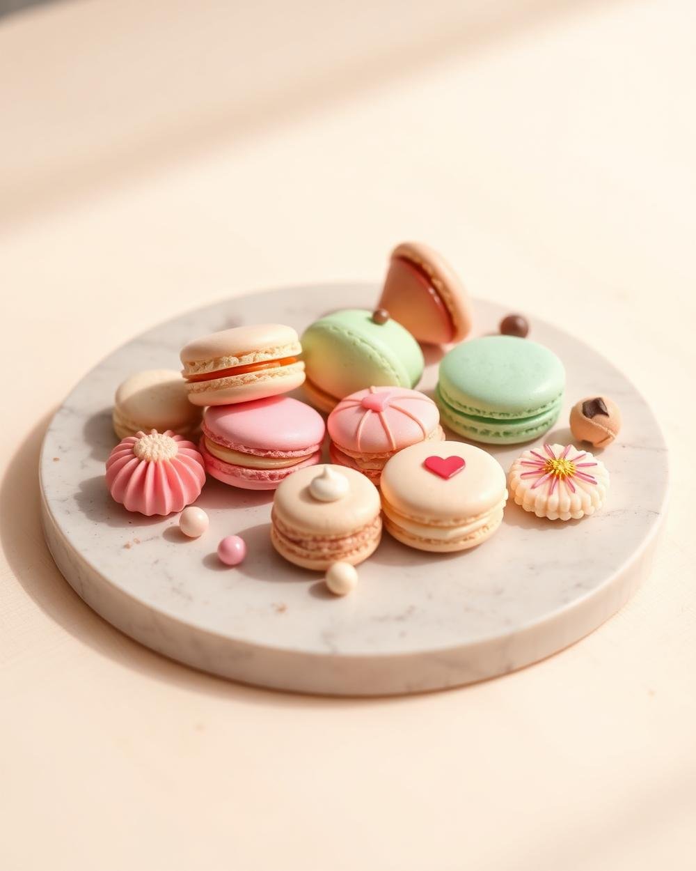 Macarons e doces decorados sobre bandeja de pedra clara