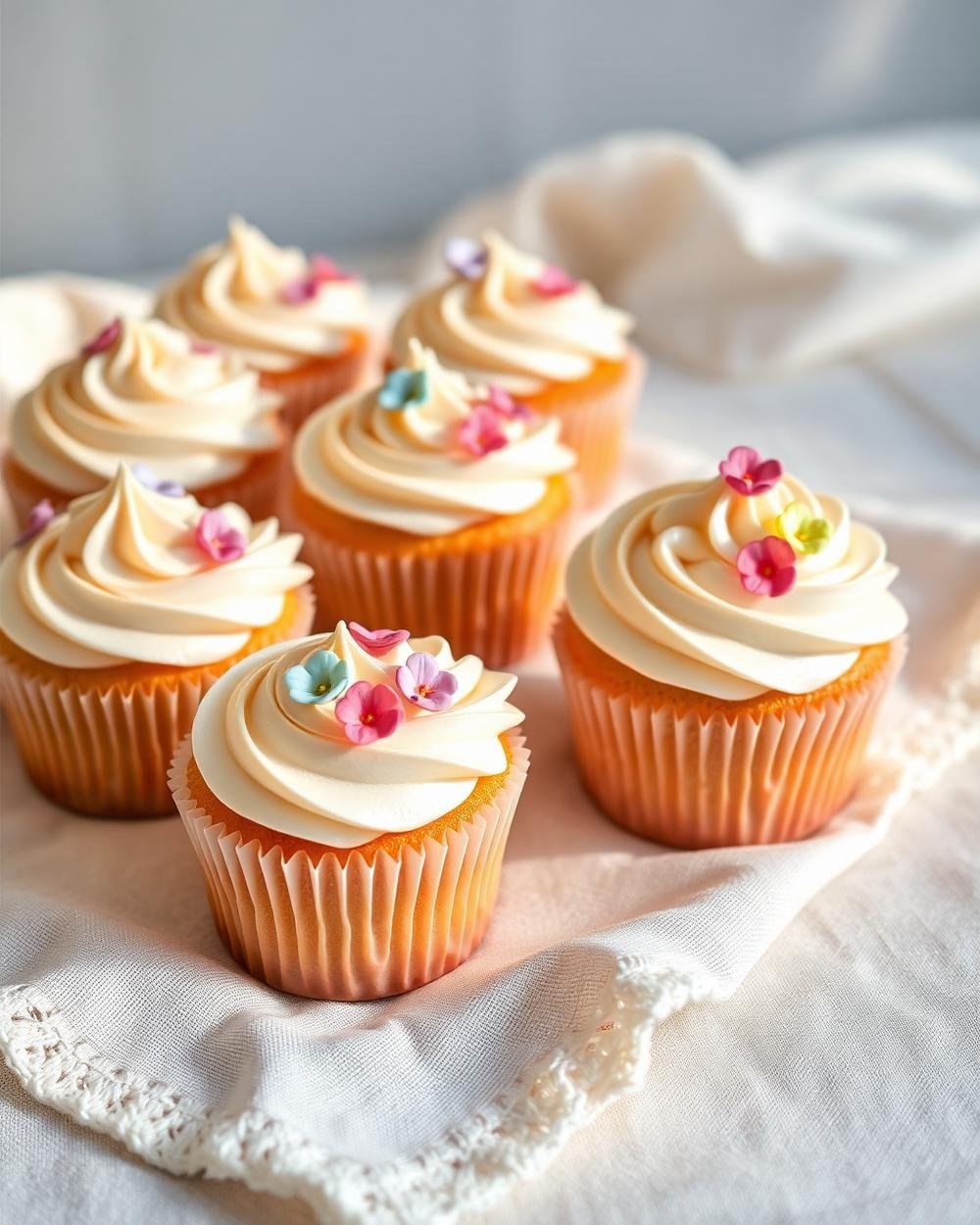 Cupcakes com cobertura em espiral e pequenas flores de açúcar