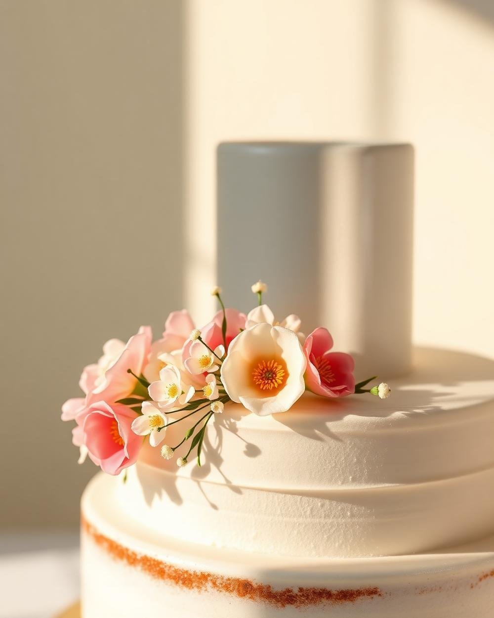 Detalhe do andar de um bolo de casamento com flores de açúcar