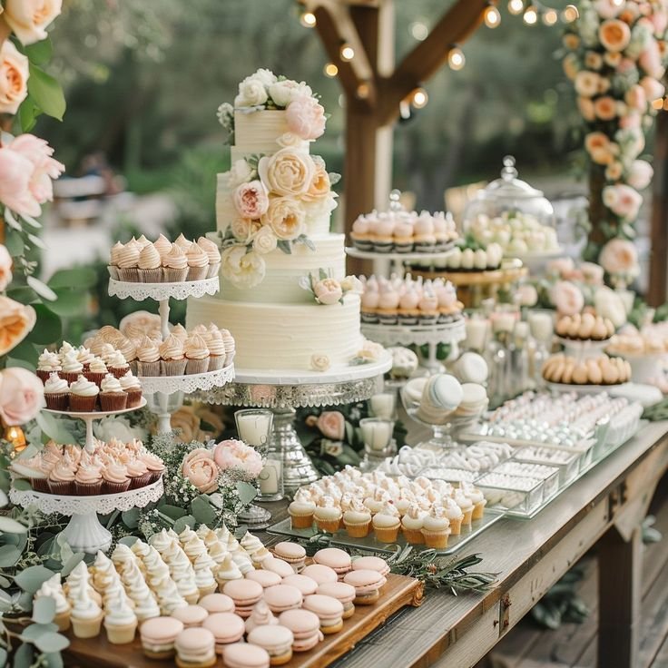 Mesa de doces montada junto à janela, com bolo, cupcakes e doces finos sobre toalha clara